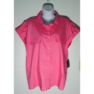 Nautica NWT Hot Pink Button Up Short Sleeve Cotton Shirt Size Large Nautical